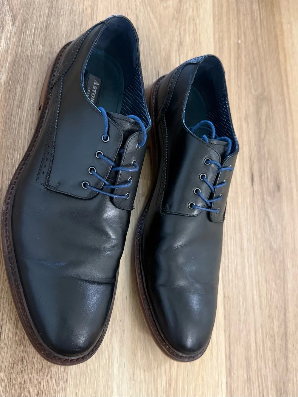 Aston Grey Black Leather Derby Shoes with Blue Accents